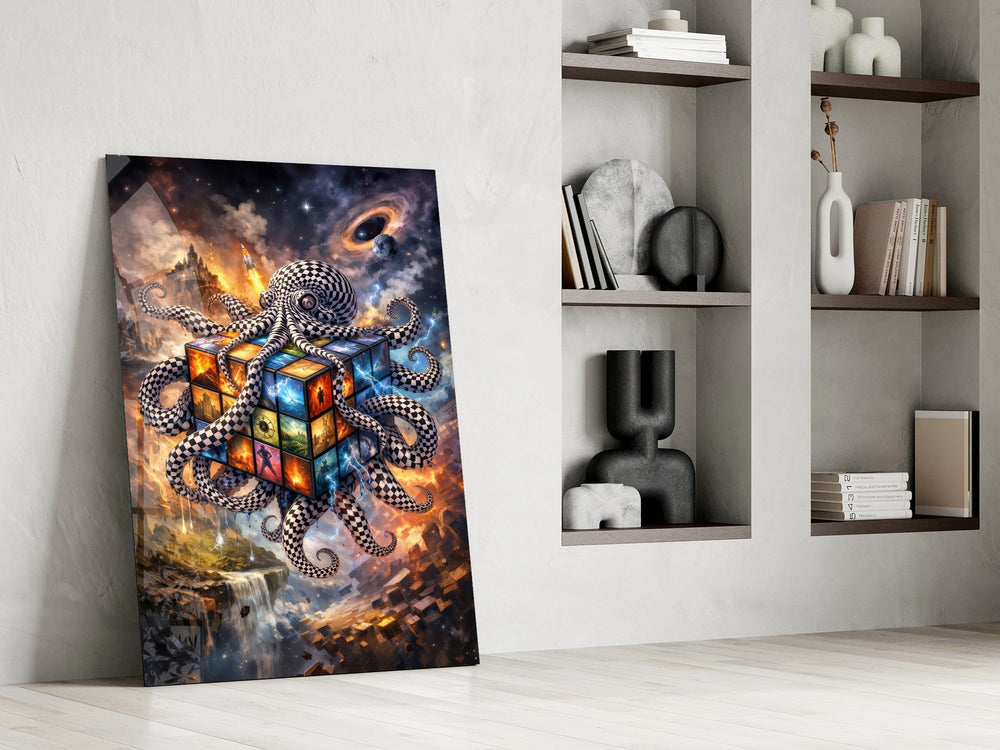 a checkered octopus holding a cosmic puzzle cube panel resting in a shelving niche in a modern interior