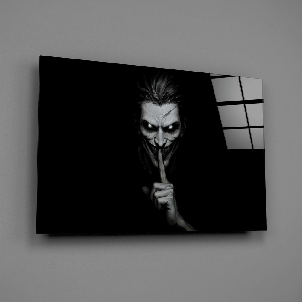 a grinning pale figure calling for silence glass wall art angled to show the polished tempered glass panel