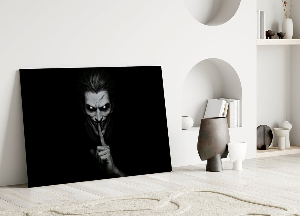 a grinning pale figure calling for silence panel bringing character to a minimalist living room wall
