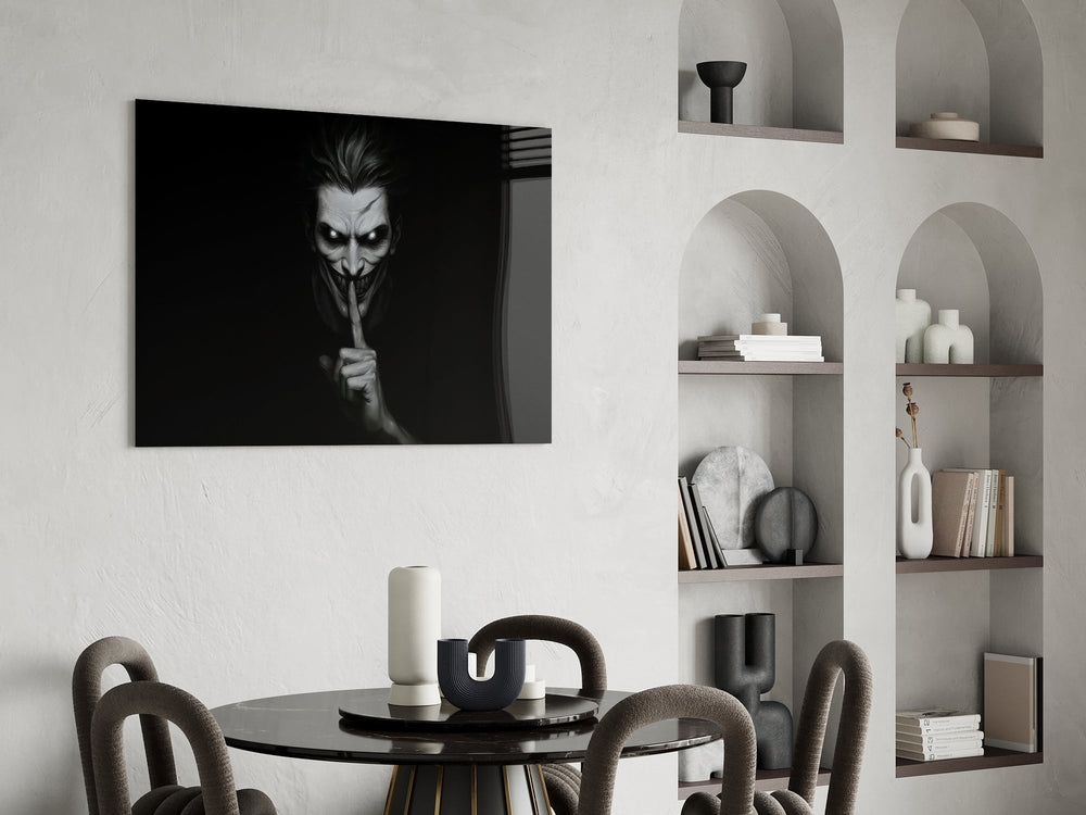 a grinning pale figure calling for silence glass wall art leaning beside a dark leather sofa