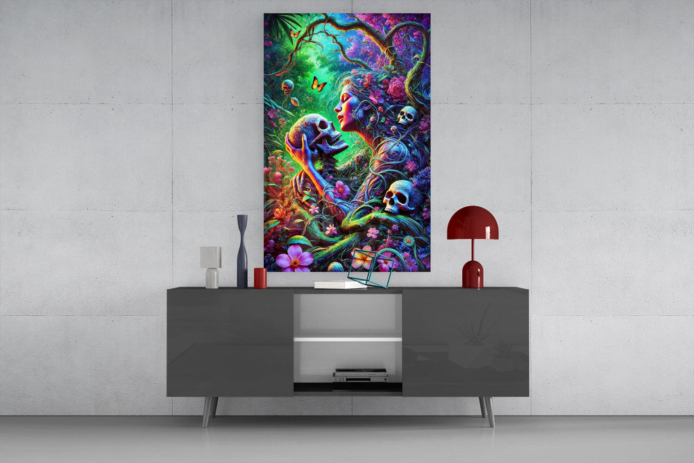 a neon jungle flower goddess holding a skull glass wall art displayed above a console in a designer interior