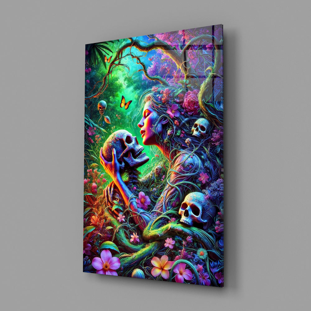 a neon jungle flower goddess holding a skull glass wall art angled to show the polished tempered glass panel