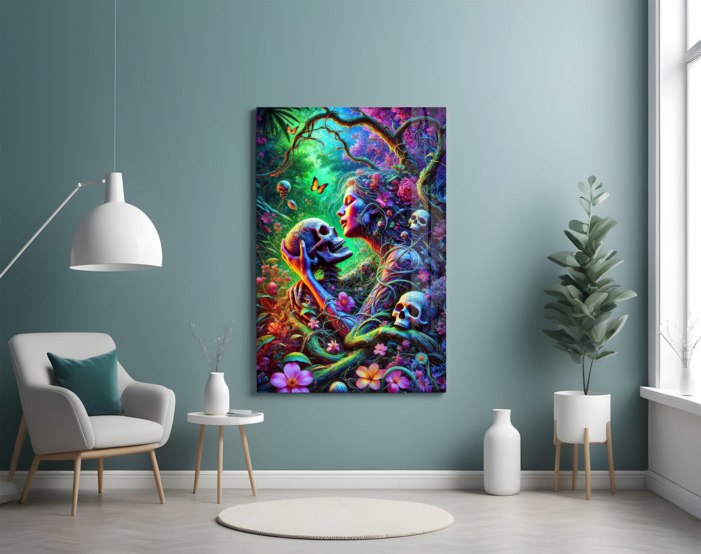 a neon jungle flower goddess holding a skull glass wall art styled above an armchair in a reading corner