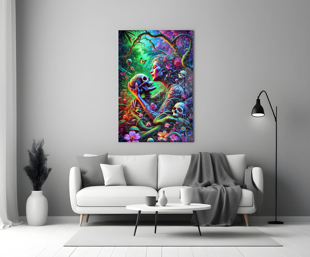 a neon jungle flower goddess holding a skull panel bringing character to a minimalist living room wall