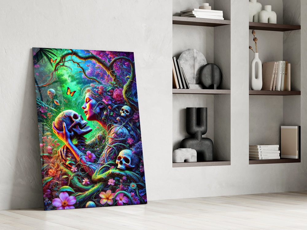 a neon jungle flower goddess holding a skull panel resting in a shelving niche in a modern interior