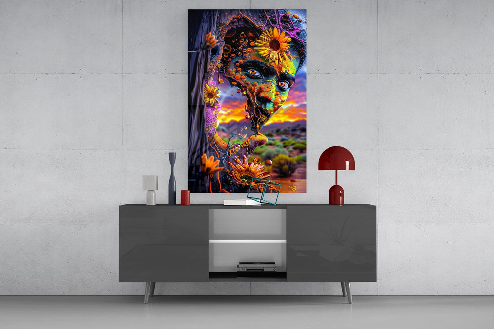 a painted face opening onto a desert sunset glass wall art displayed above a console in a designer interior