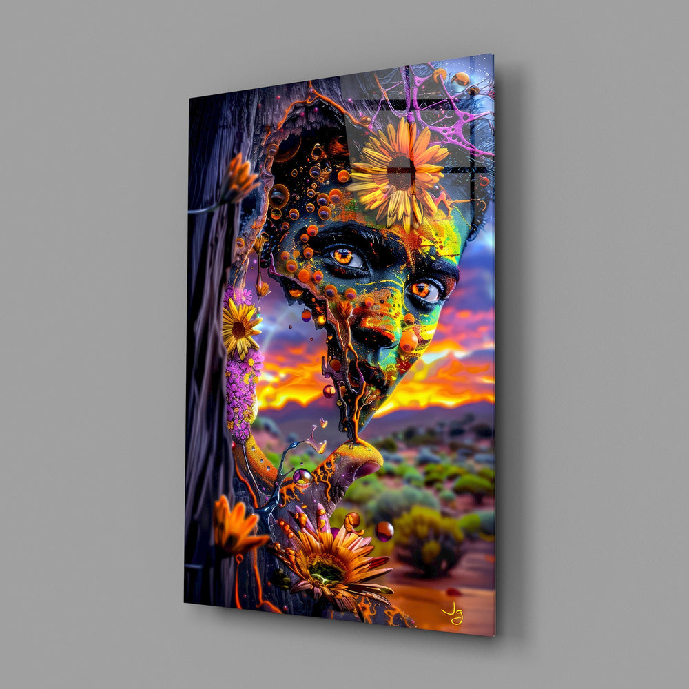 a painted face opening onto a desert sunset glass wall art angled to show the polished tempered glass panel