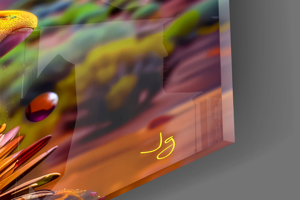 Close-up detail of the amber bubbles and dripping paint across the cheek on the glass surface