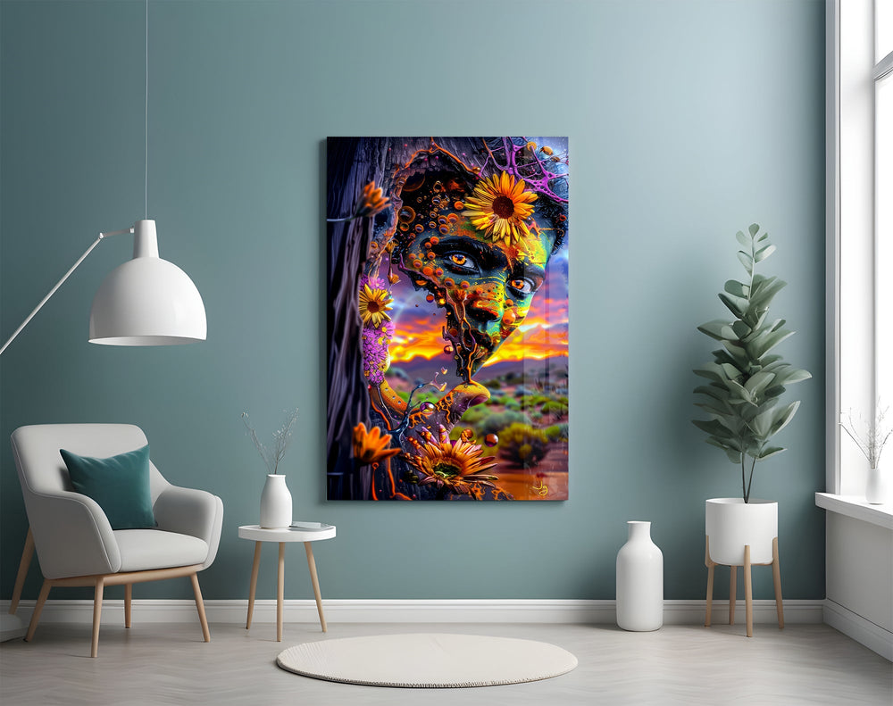 a painted face opening onto a desert sunset glass wall art styled above an armchair in a reading corner