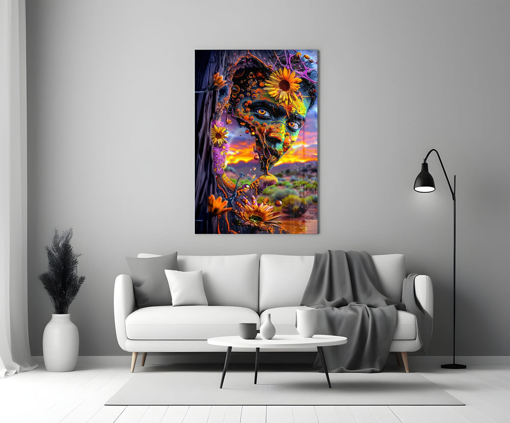 a painted face opening onto a desert sunset panel bringing character to a minimalist living room wall