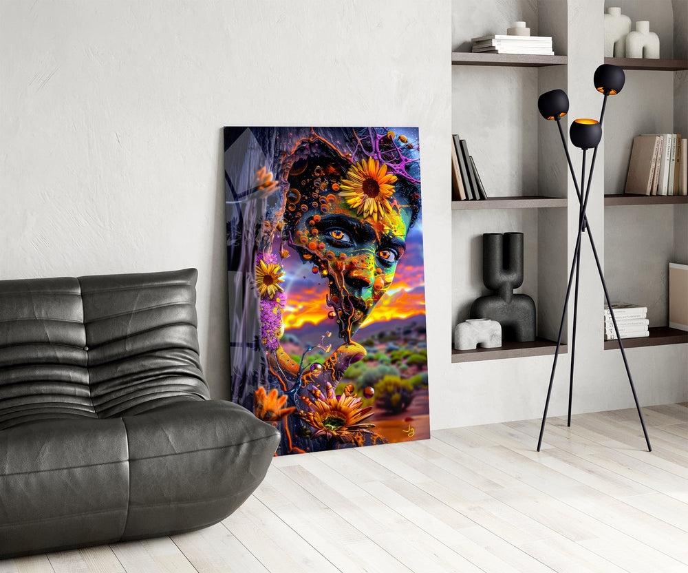 a painted face opening onto a desert sunset glass wall art leaning beside a dark leather sofa