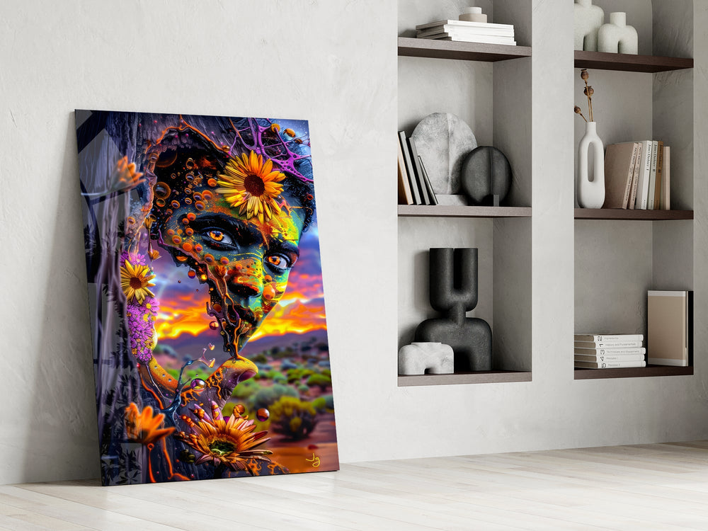 a painted face opening onto a desert sunset panel resting in a shelving niche in a modern interior