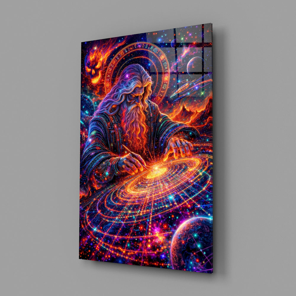 a neon cosmic wizard shaping a spiral galaxy glass wall art angled to show the polished tempered glass panel