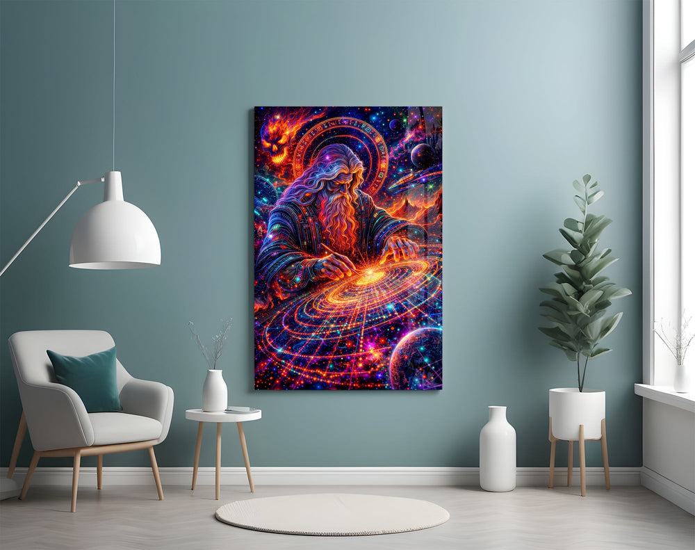 a neon cosmic wizard shaping a spiral galaxy glass wall art styled above an armchair in a reading corner