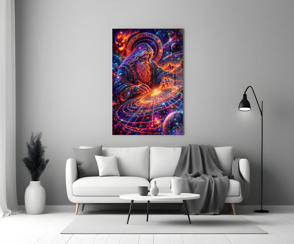 a neon cosmic wizard shaping a spiral galaxy panel bringing character to a minimalist living room wall