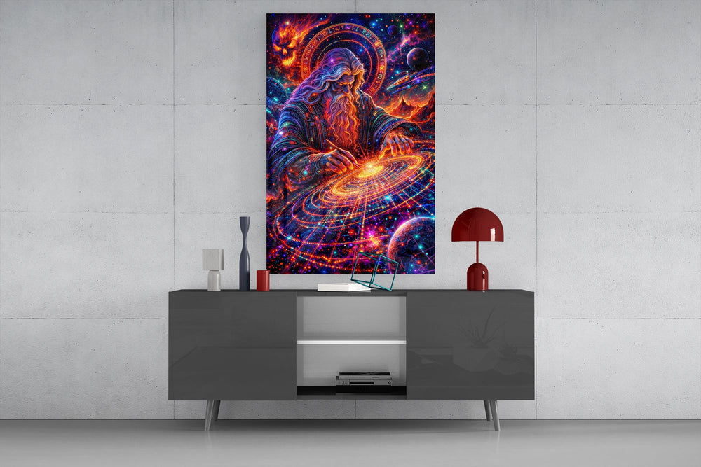 a neon cosmic wizard shaping a spiral galaxy glass wall art displayed above a console in a designer interior