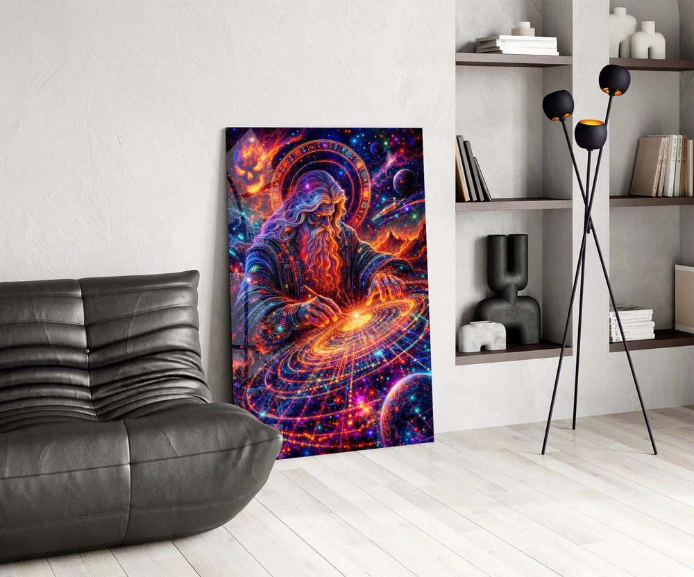 a neon cosmic wizard shaping a spiral galaxy glass wall art leaning beside a dark leather sofa