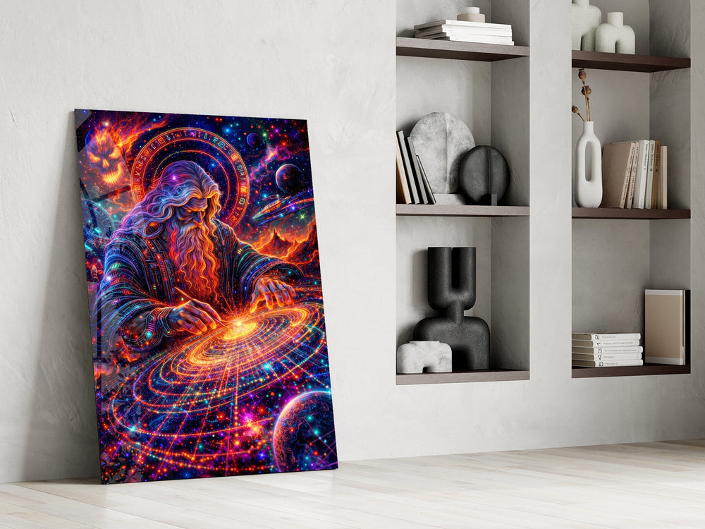 a neon cosmic wizard shaping a spiral galaxy panel resting in a shelving niche in a modern interior