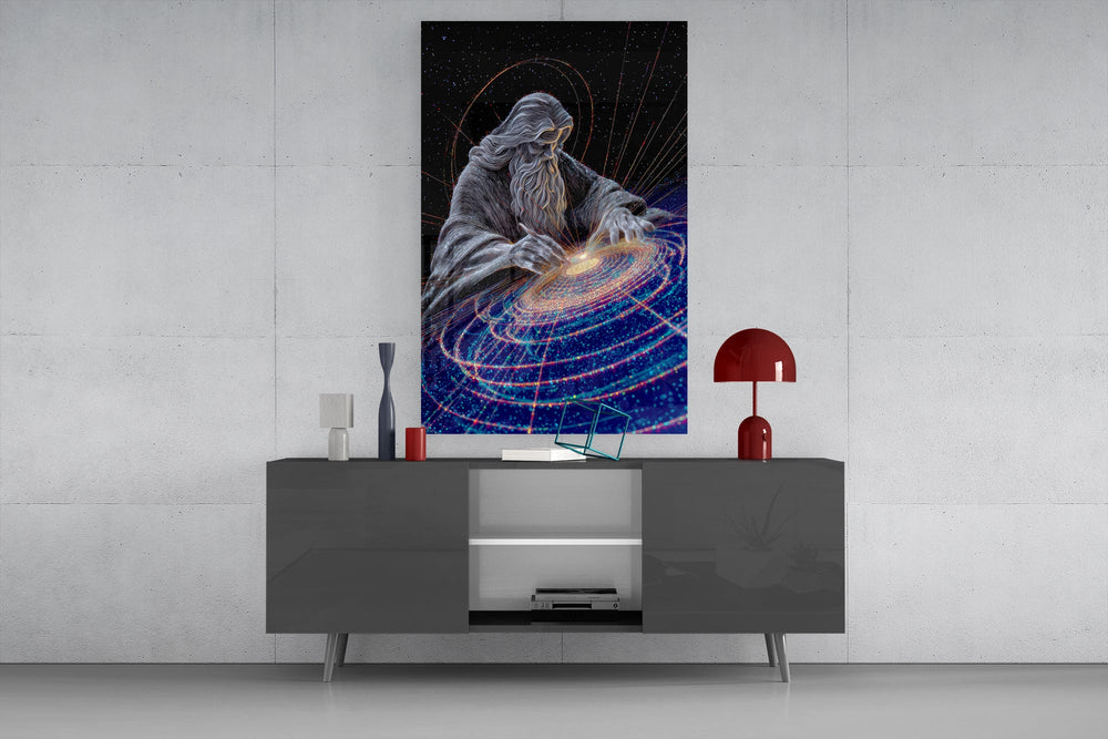 a silver-line creator shaping a spiral galaxy glass wall art displayed above a console in a designer interior