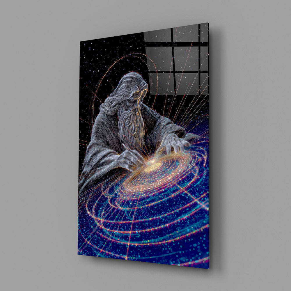 a silver-line creator shaping a spiral galaxy glass wall art angled to show the polished tempered glass panel