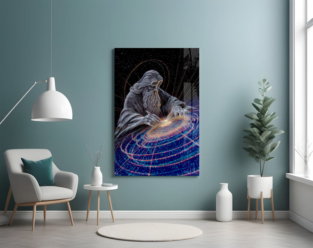 a silver-line creator shaping a spiral galaxy glass wall art styled above an armchair in a reading corner