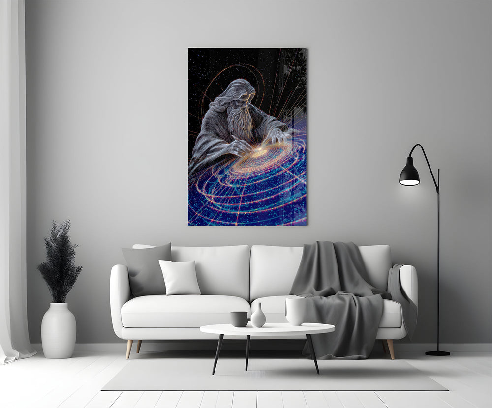 a silver-line creator shaping a spiral galaxy panel bringing character to a minimalist living room wall
