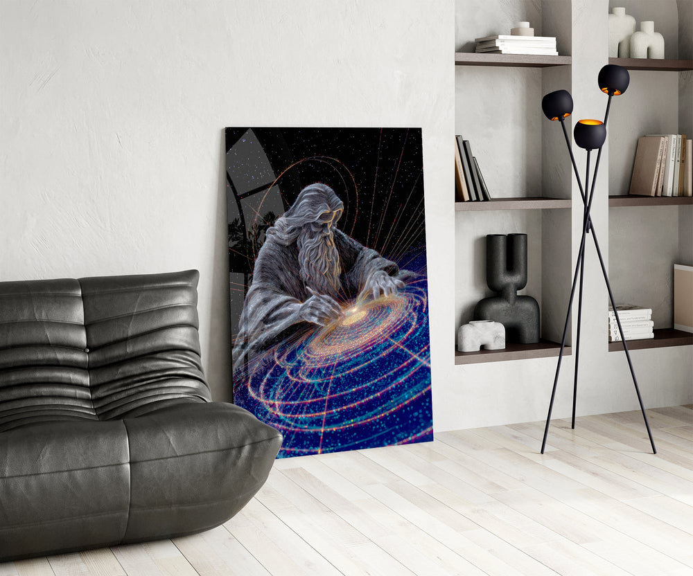 a silver-line creator shaping a spiral galaxy glass wall art leaning beside a dark leather sofa