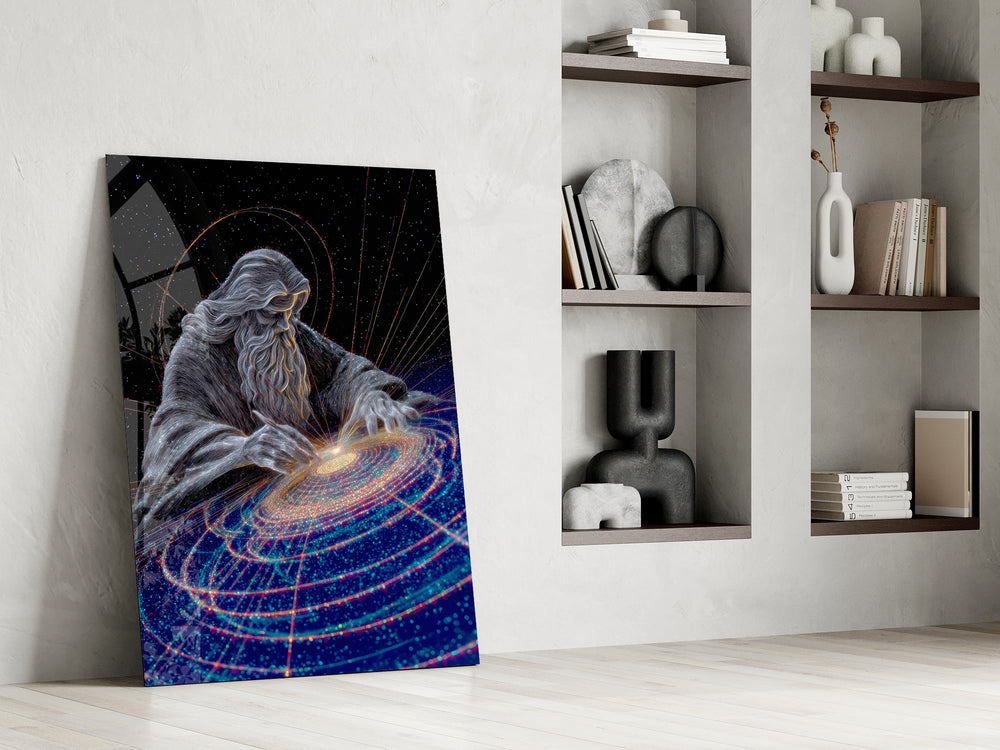 a silver-line creator shaping a spiral galaxy panel resting in a shelving niche in a modern interior