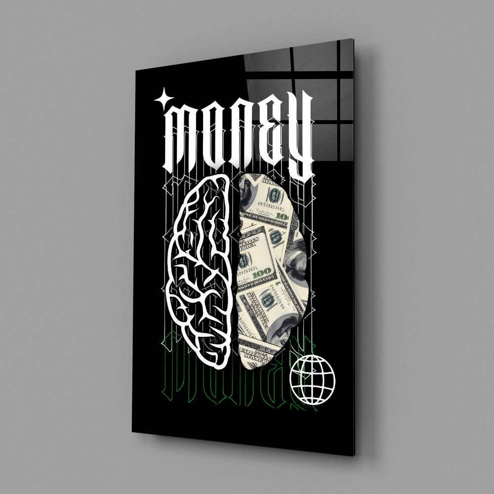 a brain half built from hundred-dollar bills glass wall art angled to show the polished tempered glass panel