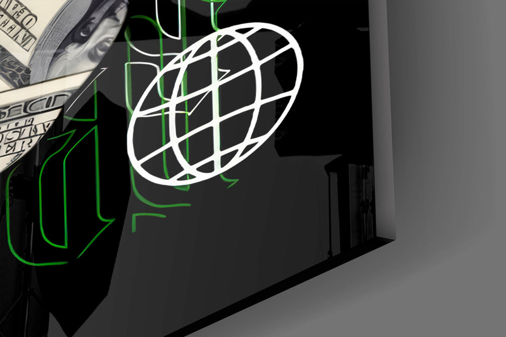 Close-up detail of the folded hundred-dollar bills forming the right hemisphere on the glass surface