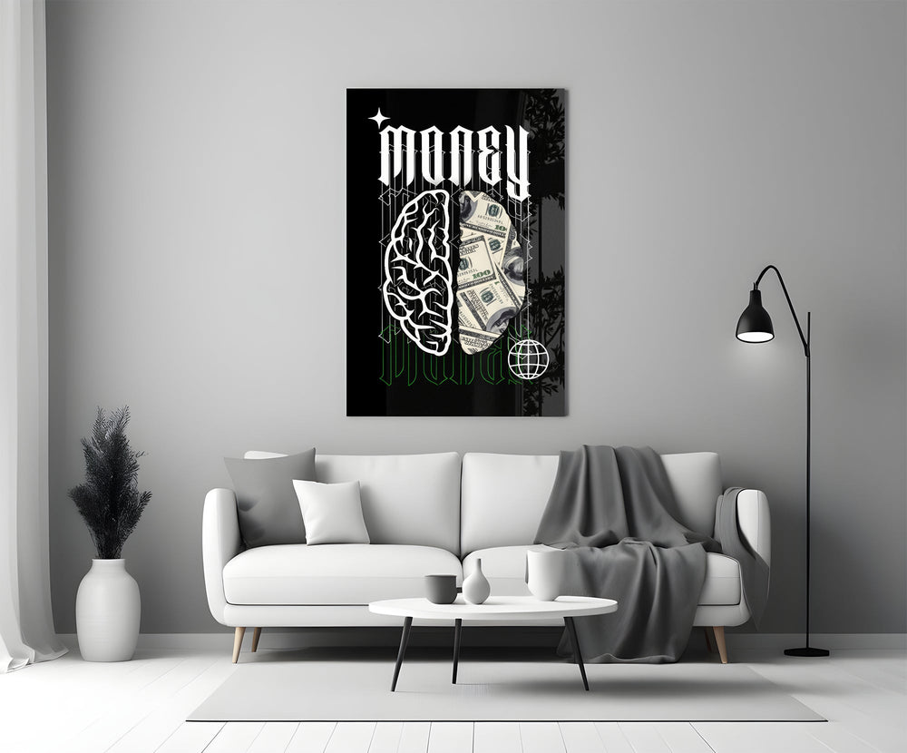 a brain half built from hundred-dollar bills panel bringing character to a minimalist living room wall