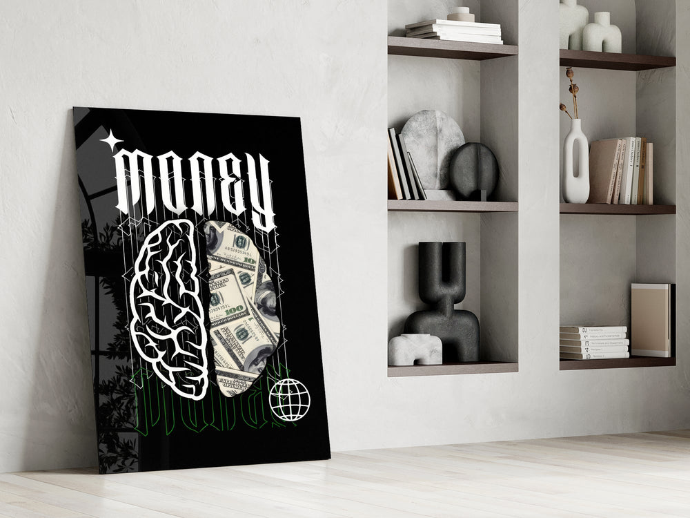a brain half built from hundred-dollar bills panel resting in a shelving niche in a modern interior
