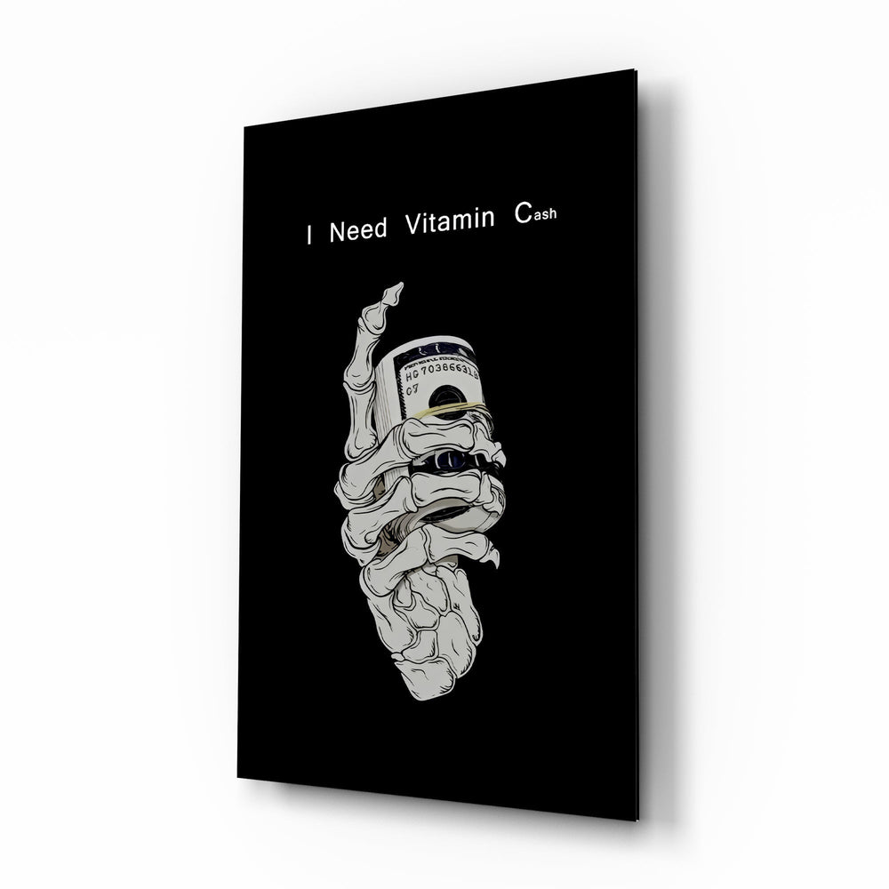 Vitamin Cash Skeleton Hand Money Glass Wall Art - Lifestyle preview in a designer interior