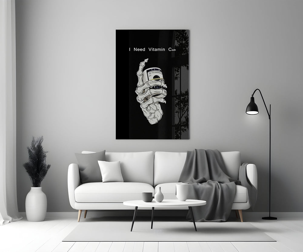 a skeleton hand gripping a roll of cash panel bringing character to a minimalist living room wall