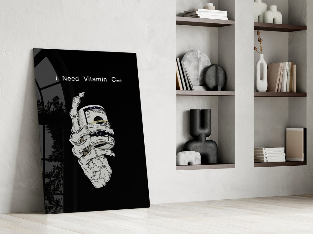 a skeleton hand gripping a roll of cash panel resting in a shelving niche in a modern interior