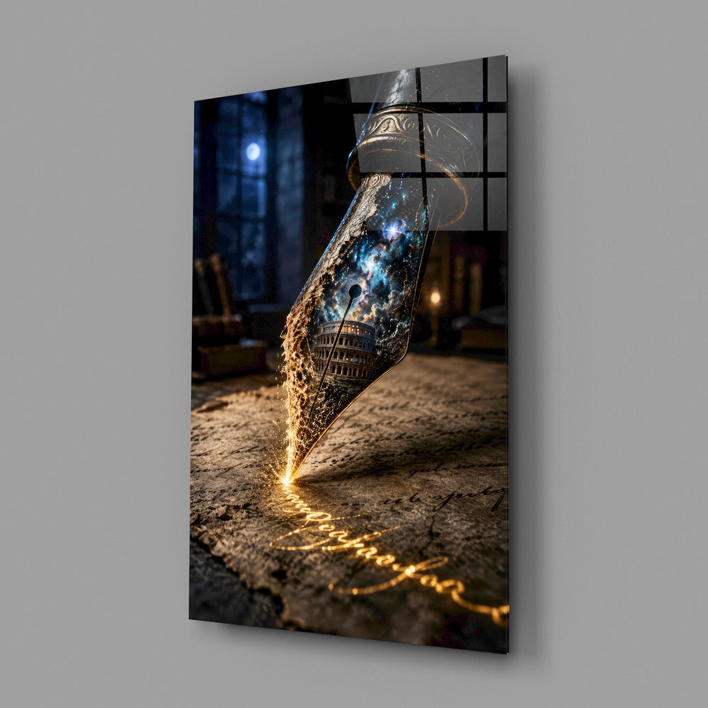 a fountain pen nib holding a cosmic amphitheatre glass wall art angled to show the polished tempered glass panel