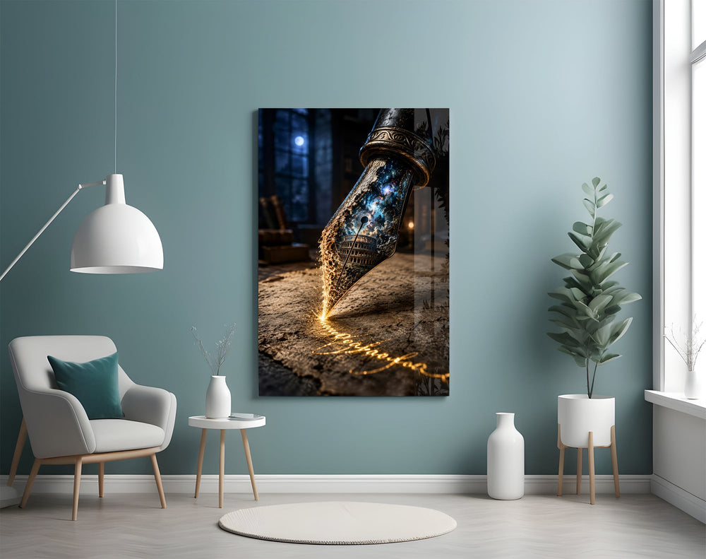 a fountain pen nib holding a cosmic amphitheatre glass wall art styled above an armchair in a reading corner