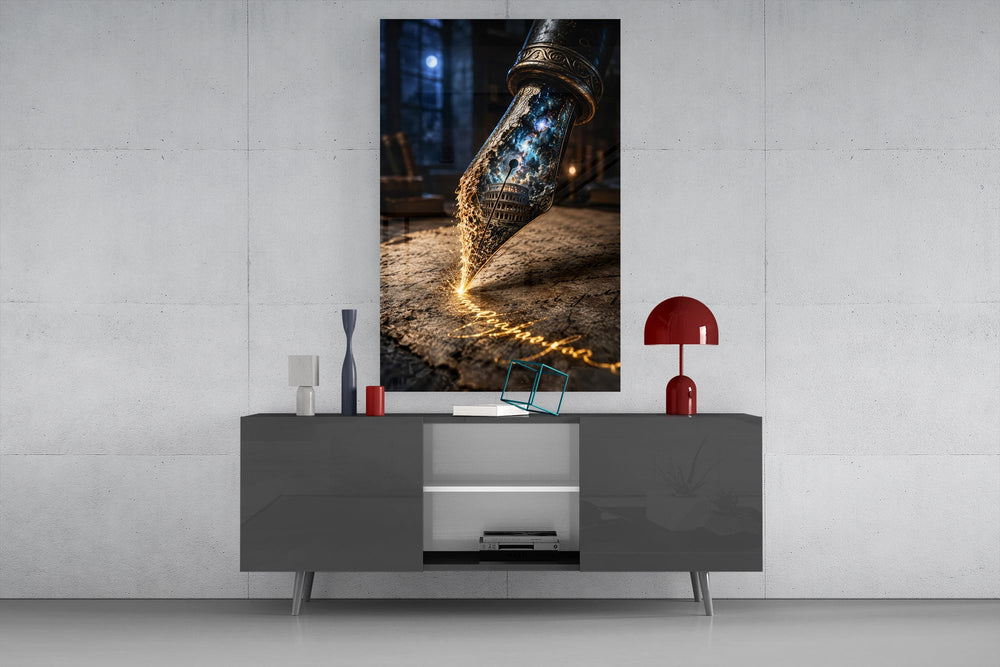 a fountain pen nib holding a cosmic amphitheatre glass wall art displayed above a console in a designer interior