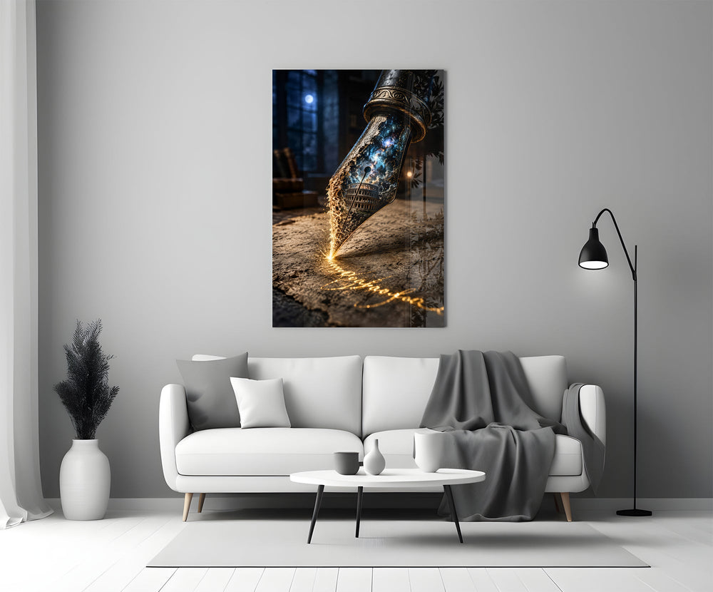 a fountain pen nib holding a cosmic amphitheatre panel bringing character to a minimalist living room wall