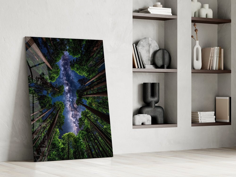 a redwood canopy opening to the Milky Way panel resting in a shelving niche in a modern interior