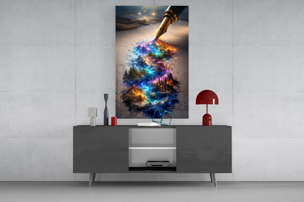a fountain pen writing a glowing world glass wall art displayed above a console in a designer interior
