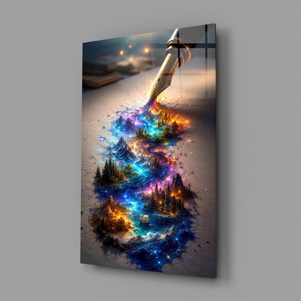 a fountain pen writing a glowing world glass wall art angled to show the polished tempered glass panel