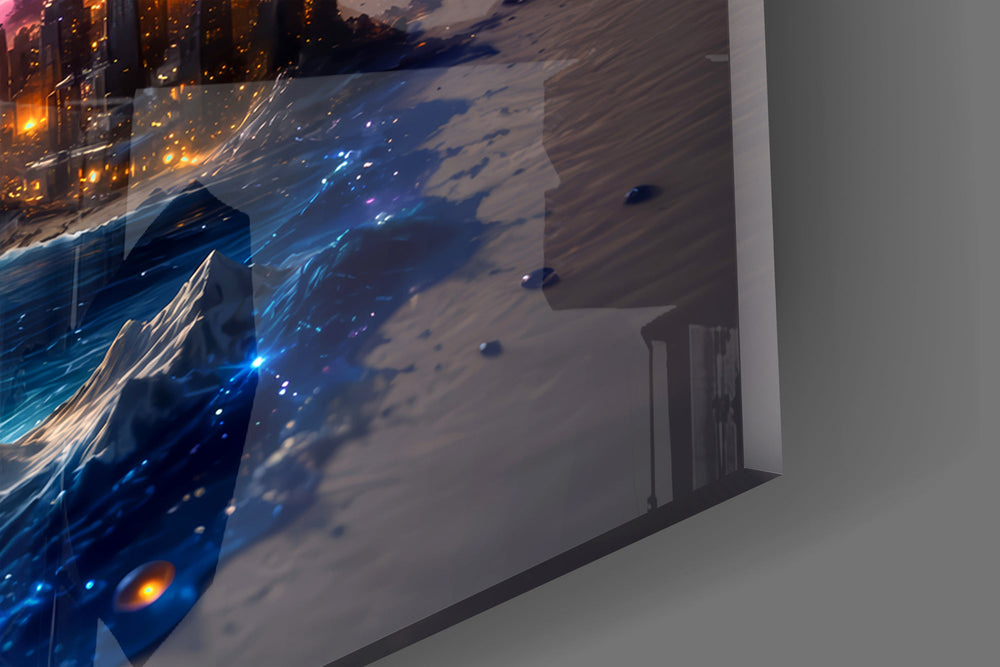 Close-up detail of the tiny lit ship sailing the ink river on the glass surface