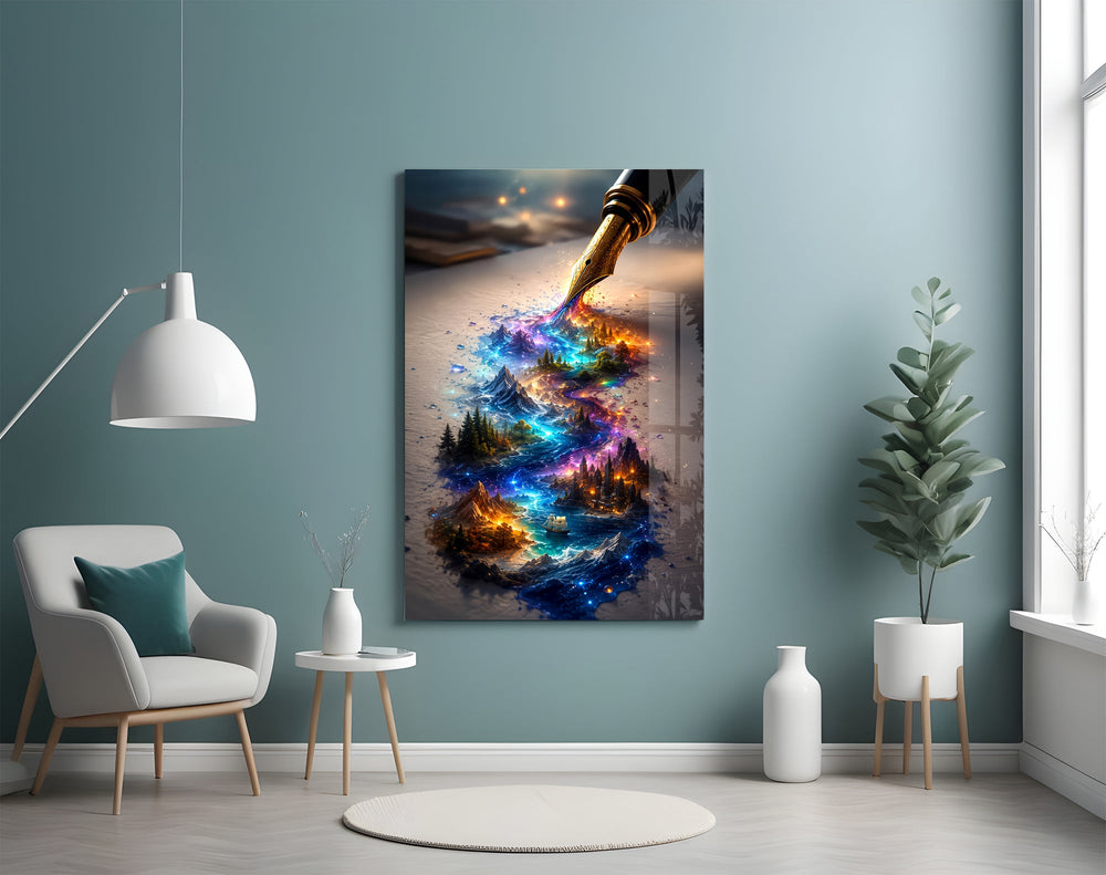 a fountain pen writing a glowing world glass wall art styled above an armchair in a reading corner