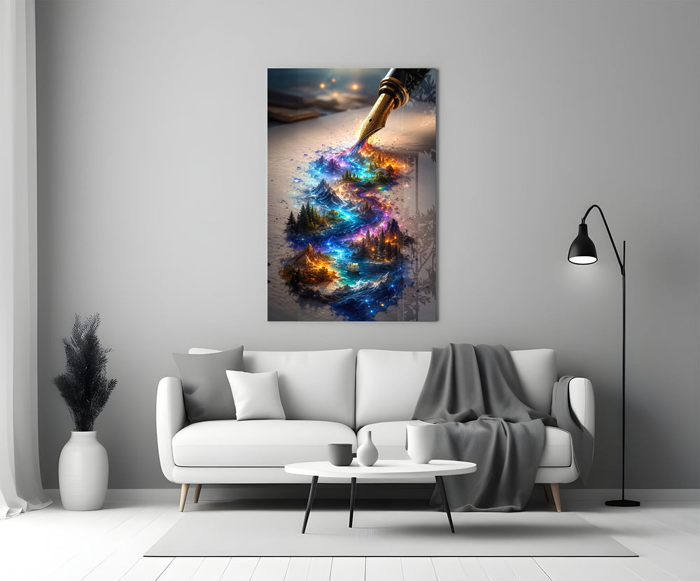 a fountain pen writing a glowing world panel bringing character to a minimalist living room wall