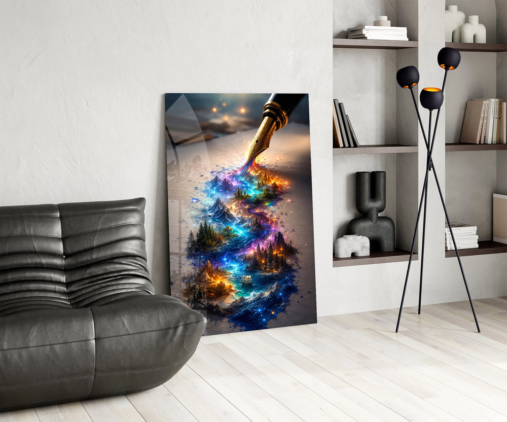 a fountain pen writing a glowing world glass wall art leaning beside a dark leather sofa