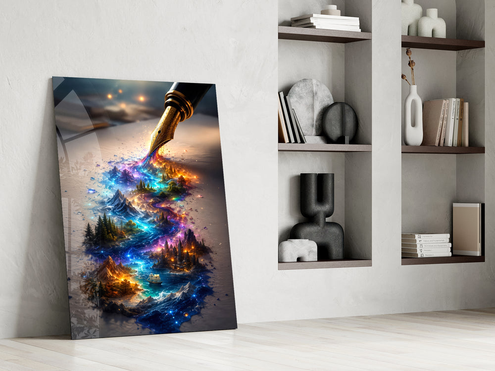 a fountain pen writing a glowing world panel resting in a shelving niche in a modern interior