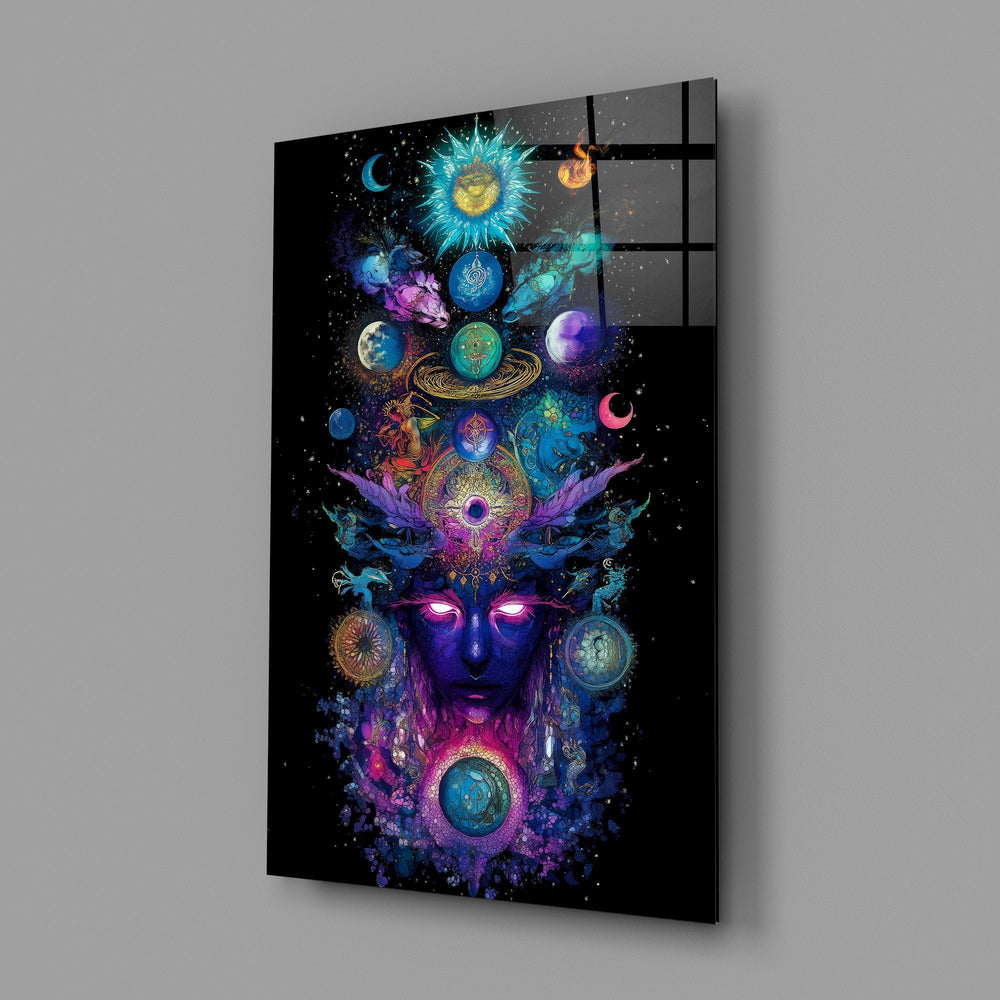 a cosmic deity crowned with planets glass wall art angled to show the polished tempered glass panel