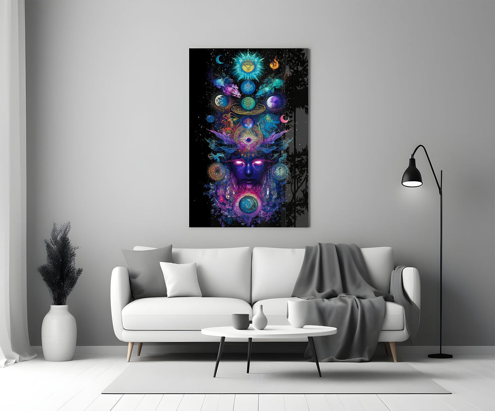 a cosmic deity crowned with planets panel bringing character to a minimalist living room wall