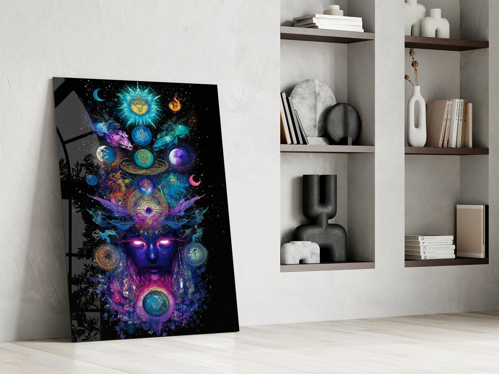 a cosmic deity crowned with planets panel resting in a shelving niche in a modern interior